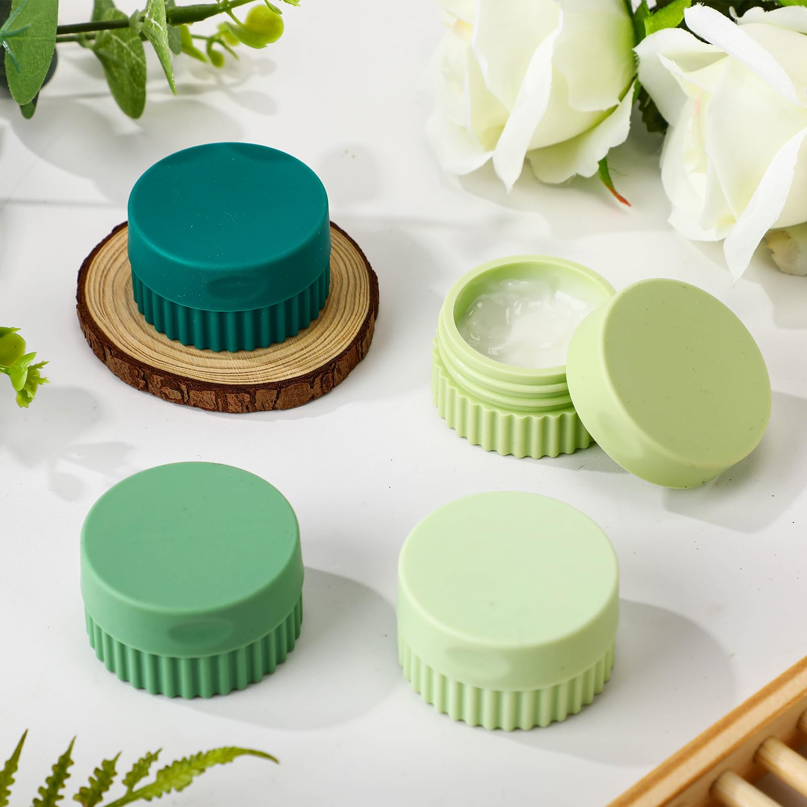 Maxcheck 4-Piece Leakproof Silicone Travel Containers Set - 0.68 oz Small Cosmetic Jars for Toiletries, Creams & Skincare | TSA Approved Travel Accessories with Secure Lids (Green) - Perfect for Air Travel, Gym Bags & On-the-Go Beauty Essentials