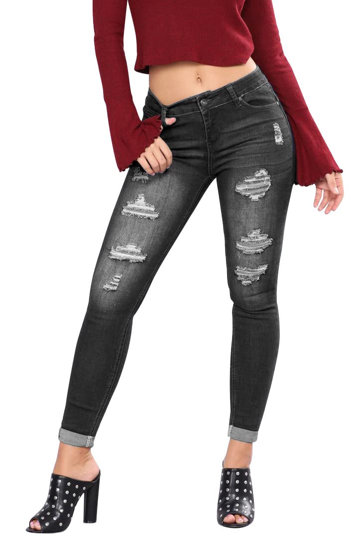 LuckyZhe Women's Sexy High Waist Button Fly Distressed Super Skinny Denim Jeans - Perfect for Night Out, Dating & Casual Wear