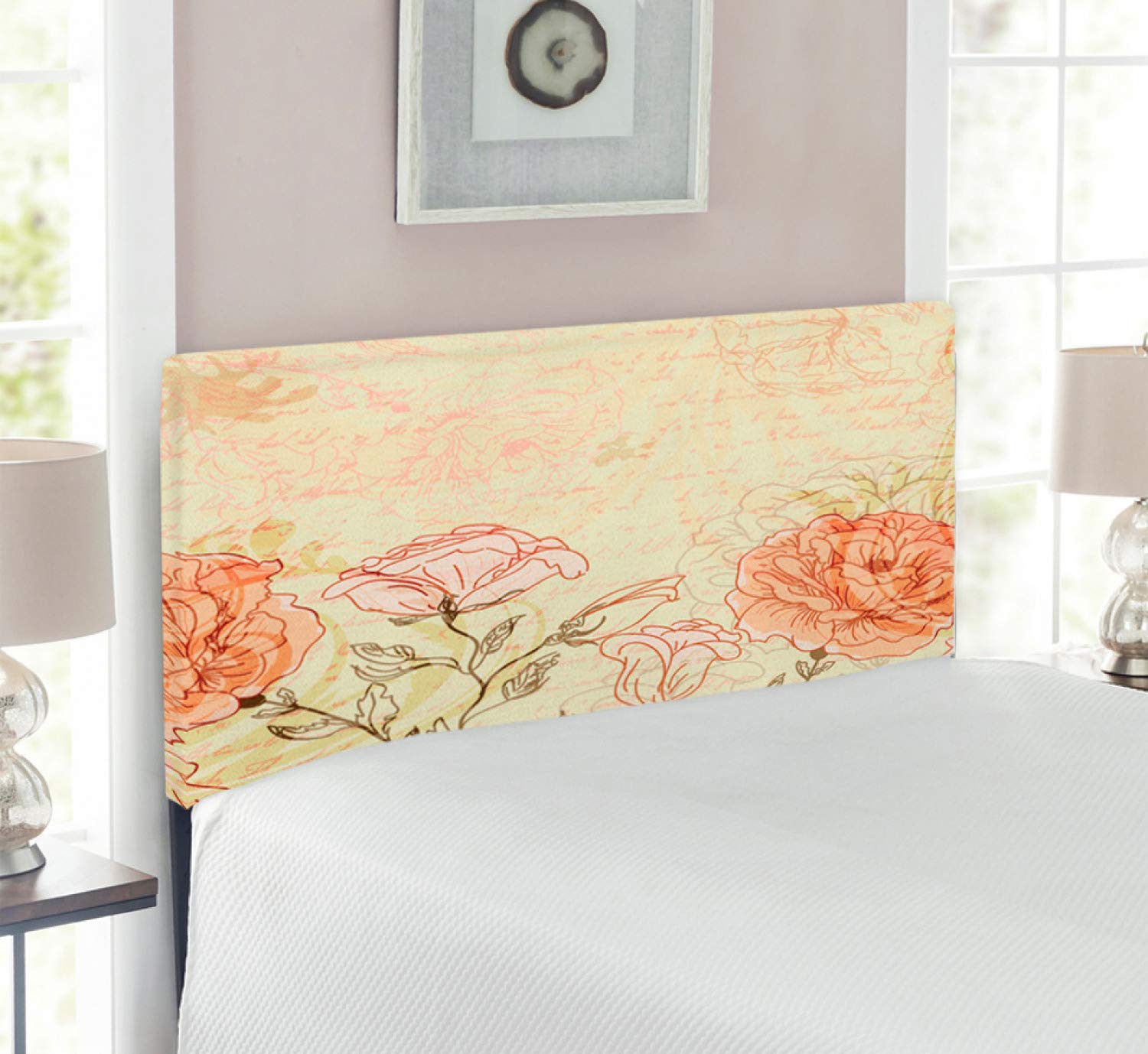 Ambesonne Vintage Upholstered Headboard - Twin Size Cream Pink with Roses & Love Lettering, Memory Foam Padding for Bedroom Decor | Perfect for Romantic Bedroom, Guest Room & Nursery