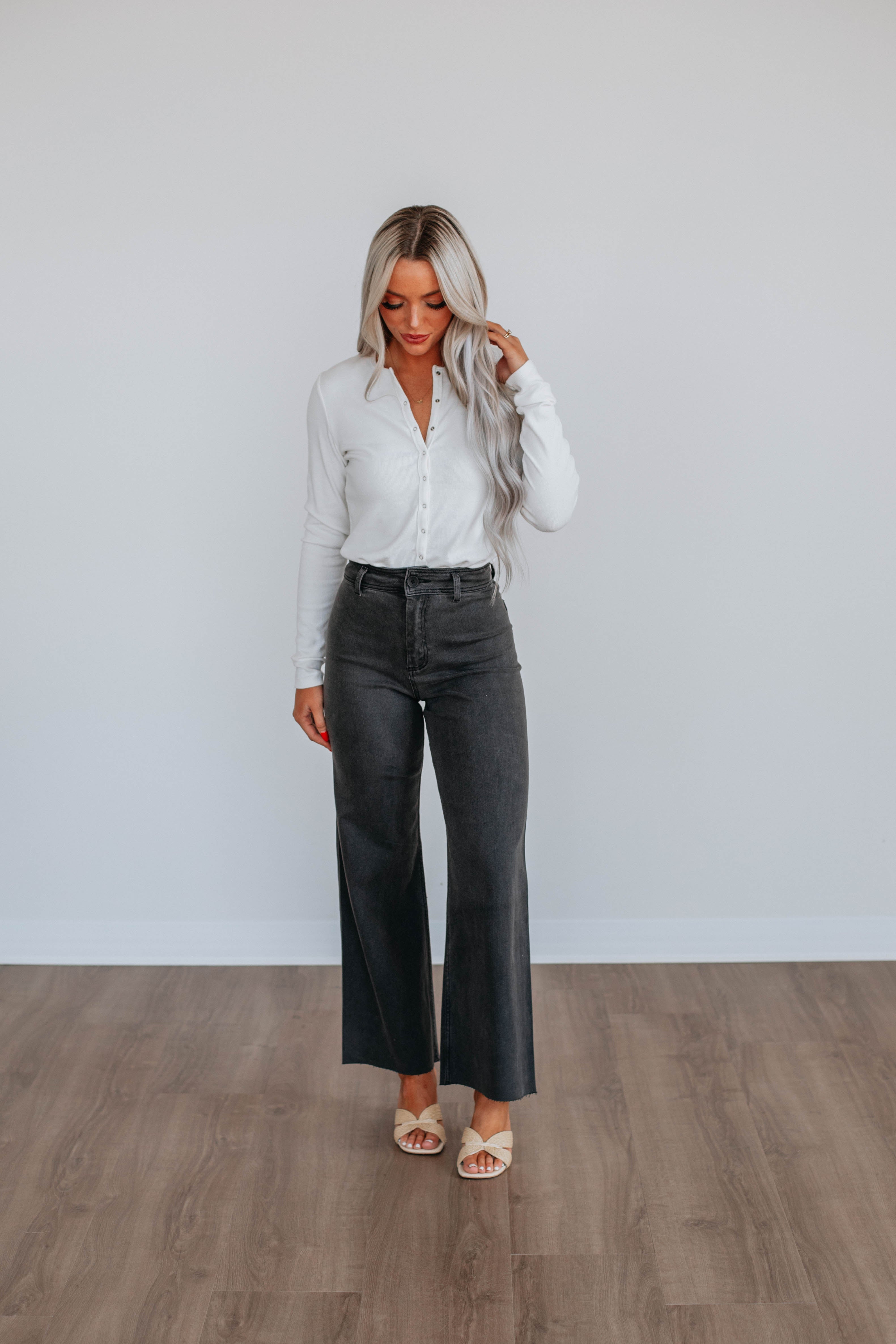 Linsley Wide Leg Pants for Women - High Waisted Stretchy Comfortable Washed Black Trousers - Perfect for Office, Casual Wear & Travel