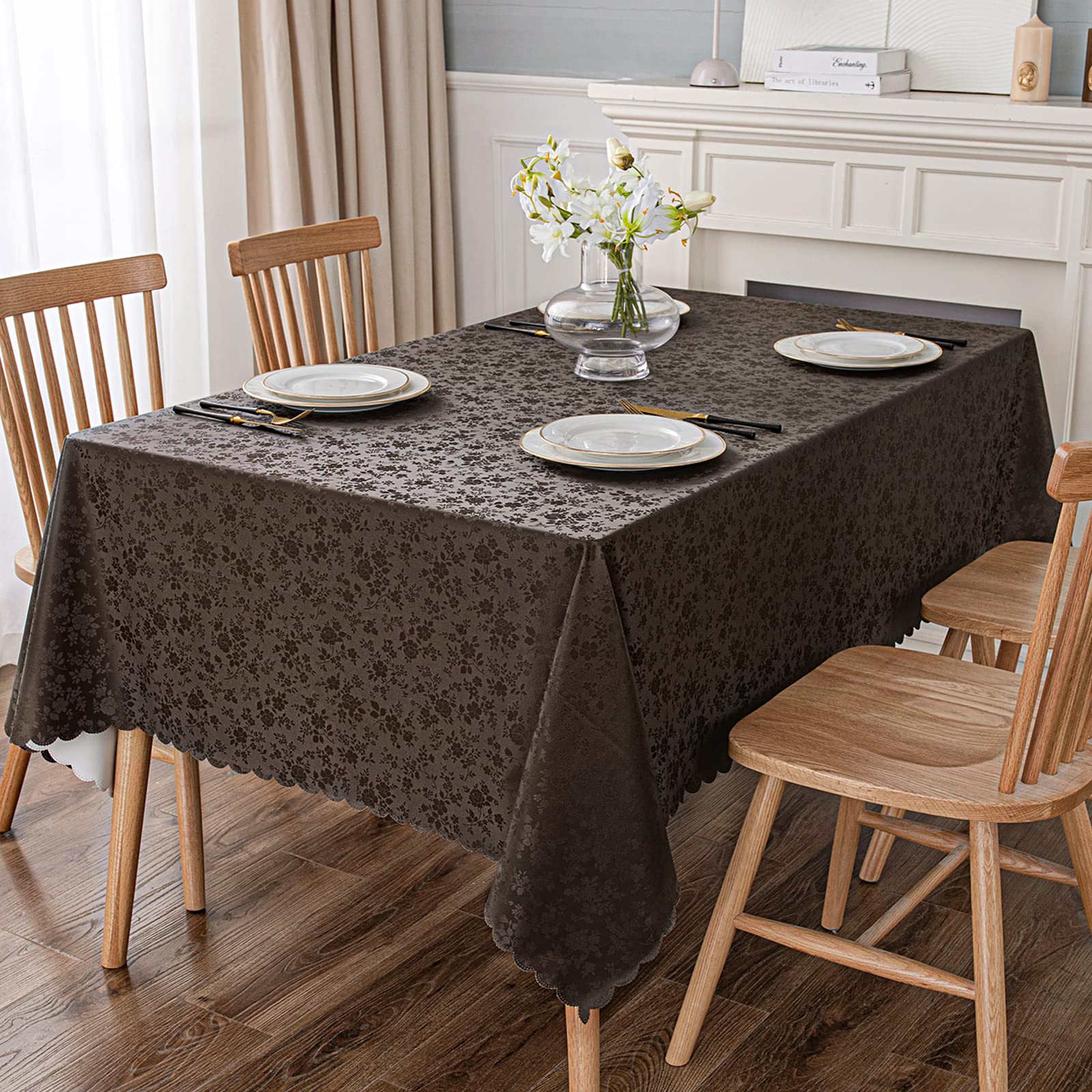 Waterproof Heavy Duty Vinyl Wipeable Washable 60 x 84 Inch Coffee Tablecloth for Kitchen and Dining Room