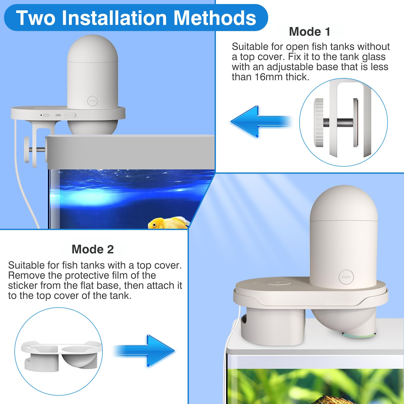 EC Technology Automatic Fish Feeder with 2K Camera & APP Control - Dual Food Dispenser, Infrared Night Vision for Aquarium & Fish Tank - Perfect for Vacation, Office & Home Use