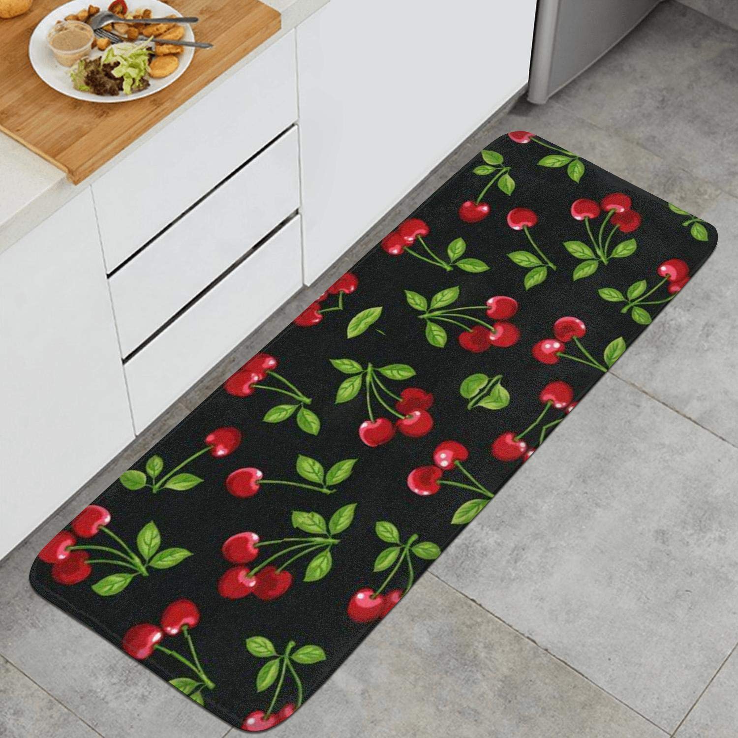 Premium Anti-Fatigue Kitchen Mat - Non-Slip Waterproof PVC Floor Mat with Memory Foam for Comfort - Black Cherry Design (17.7