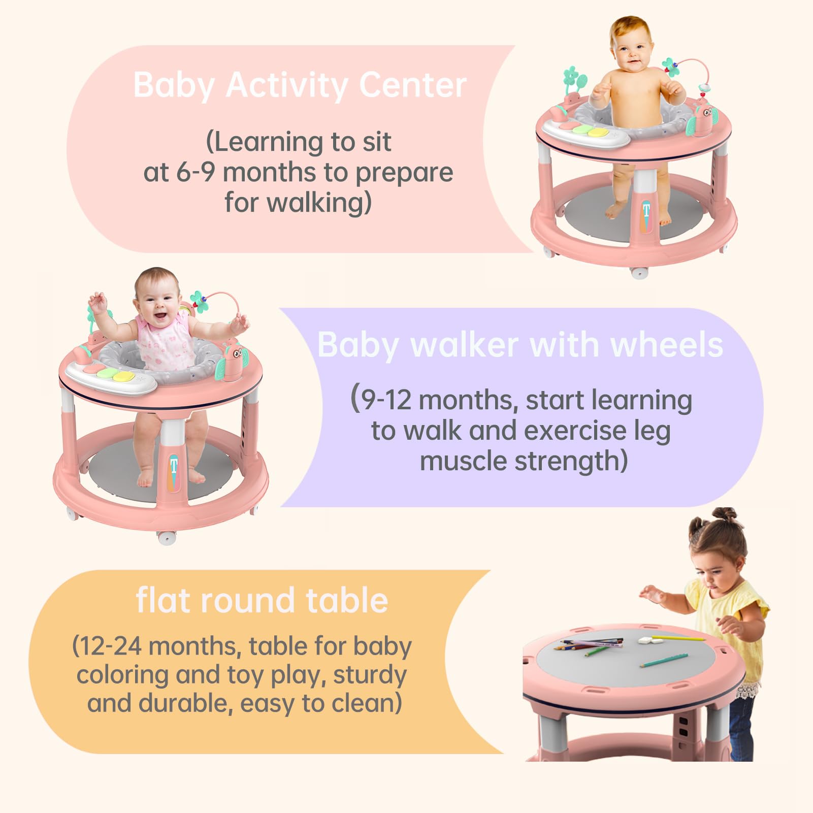 Adjustable Baby Walker for 6-12 Months - 5 Height Settings, 360° Swivel Seat with Music & Detachable Toys | Safe Activity Center for Boys & Girls (Pink) | Perfect for Learning to Walk & Indoor Play