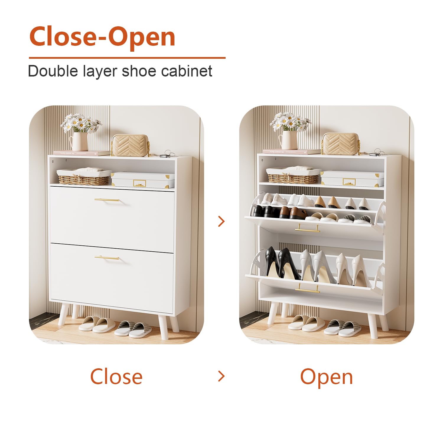White Slim Shoe Cabinet with 2 Flip Drawers - 2 Tier Freestanding Shoe Organizer for Entryway, Hallway & Living Room - Space Saving Shoe Storage Solution for Small Apartments & Homes