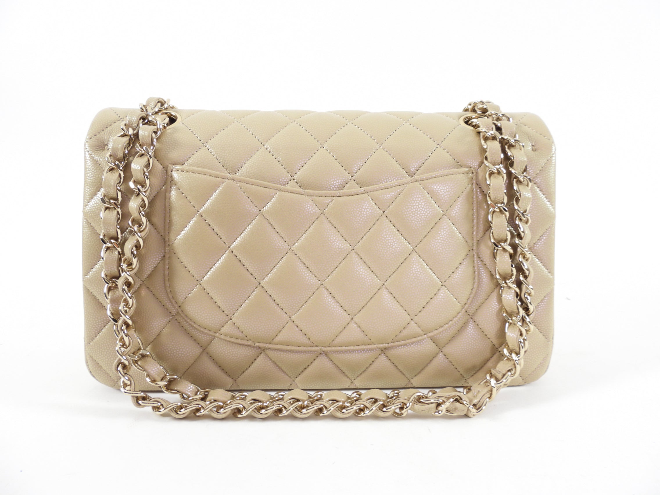 Chanel 21S Beige Iridescent Classic Medium Double Flap Caviar Gold Hardware Bag - Luxury Handbag for Women, Perfect for Parties & Special Occasions