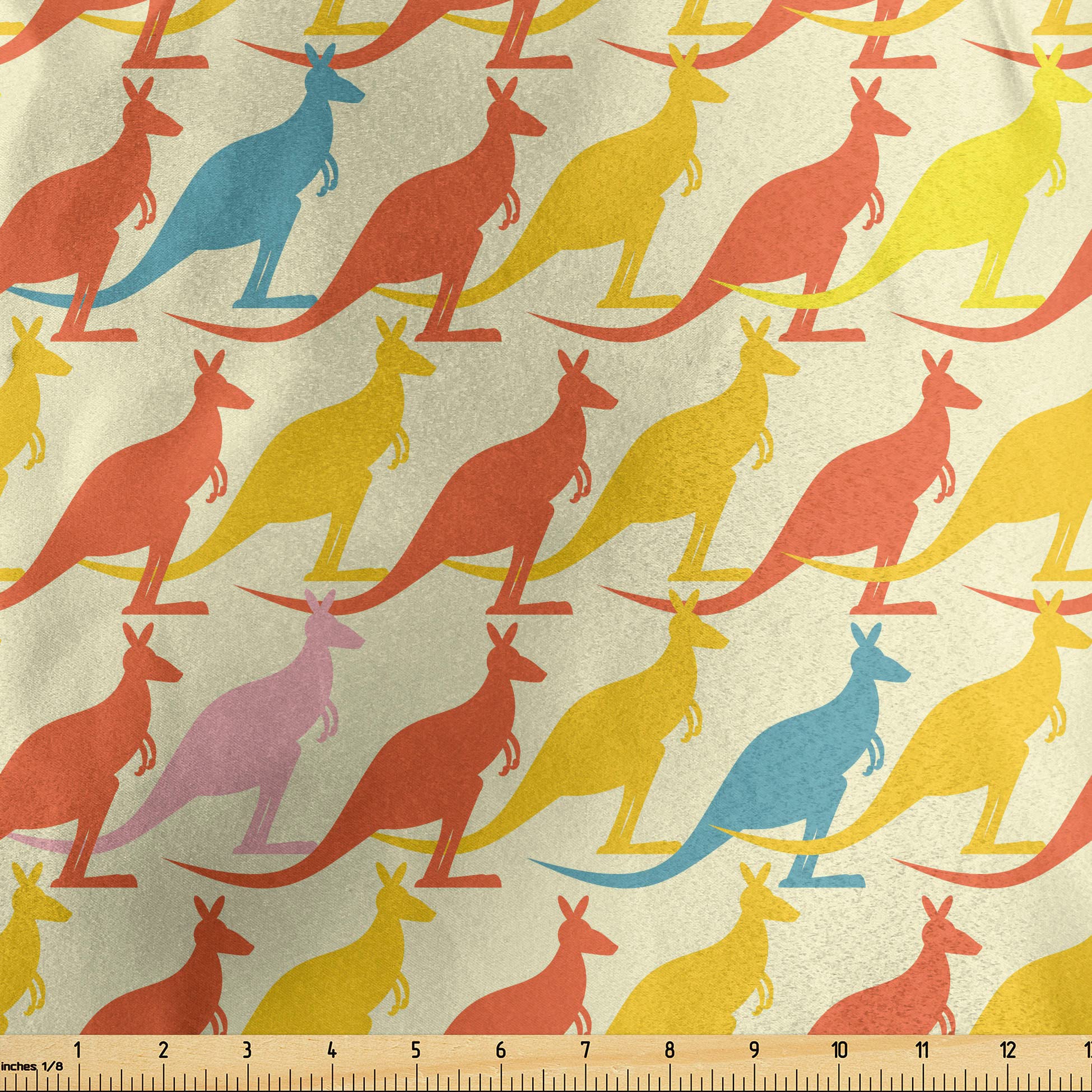 Ambesonne Kangaroo Print Fabric by The Yard - Decorative Satin Material with Australian Marsupial Animal Silhouettes for DIY Crafts, Upholstery & Home Decor (10 Yards, Multicolor) | Perfect for Pillow Covers, Curtains & Sewing Projects