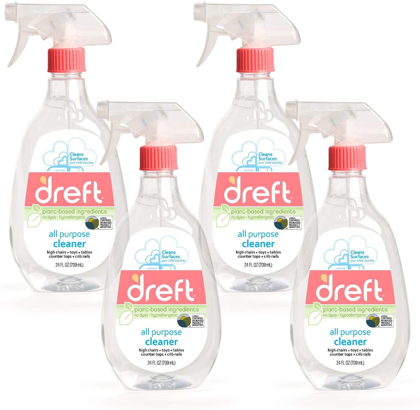 Dreft All-Purpose Cleaner 24 oz (Pack of 4) – Hypoallergenic, Phosphate Free, USDA Certified Biobased – Safe for Baby Toys, Car Seats, High Chairs & Countertops – Ideal for Nursery, Kitchen & Household Cleaning