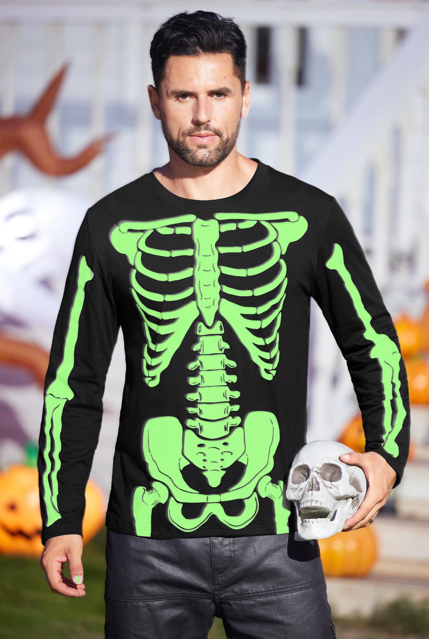 Arvilhill Men's Halloween T-Shirt - Jack O' Lantern Skeleton Design Long Sleeve Shirt | Glow in The Dark | Sizes S-3XL | Perfect for Halloween Parties, Costume Events & Spooky Night Outfits
