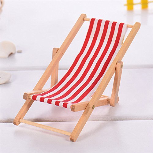 3-Piece 1:12 Scale Miniature Foldable Wooden Beach Chairs - Red & Blue Striped Mini Deck Chairs for Dollhouse, Model Displays, Indoor & Outdoor Decor - Perfect for DIY Scenes, Photography Props, and Miniature Collectors