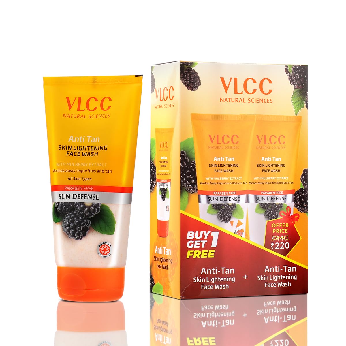 VLCC Anti-Tan Skin Lightening Face Wash 150ml x 2 (300ml) with Mulberry & Orange Peel Extract | Brightening Sunscreen with Broad Spectrum SPF Protection | Removes Tan, Spots & Dullness | For Daily Skincare & Sun Protection Routine