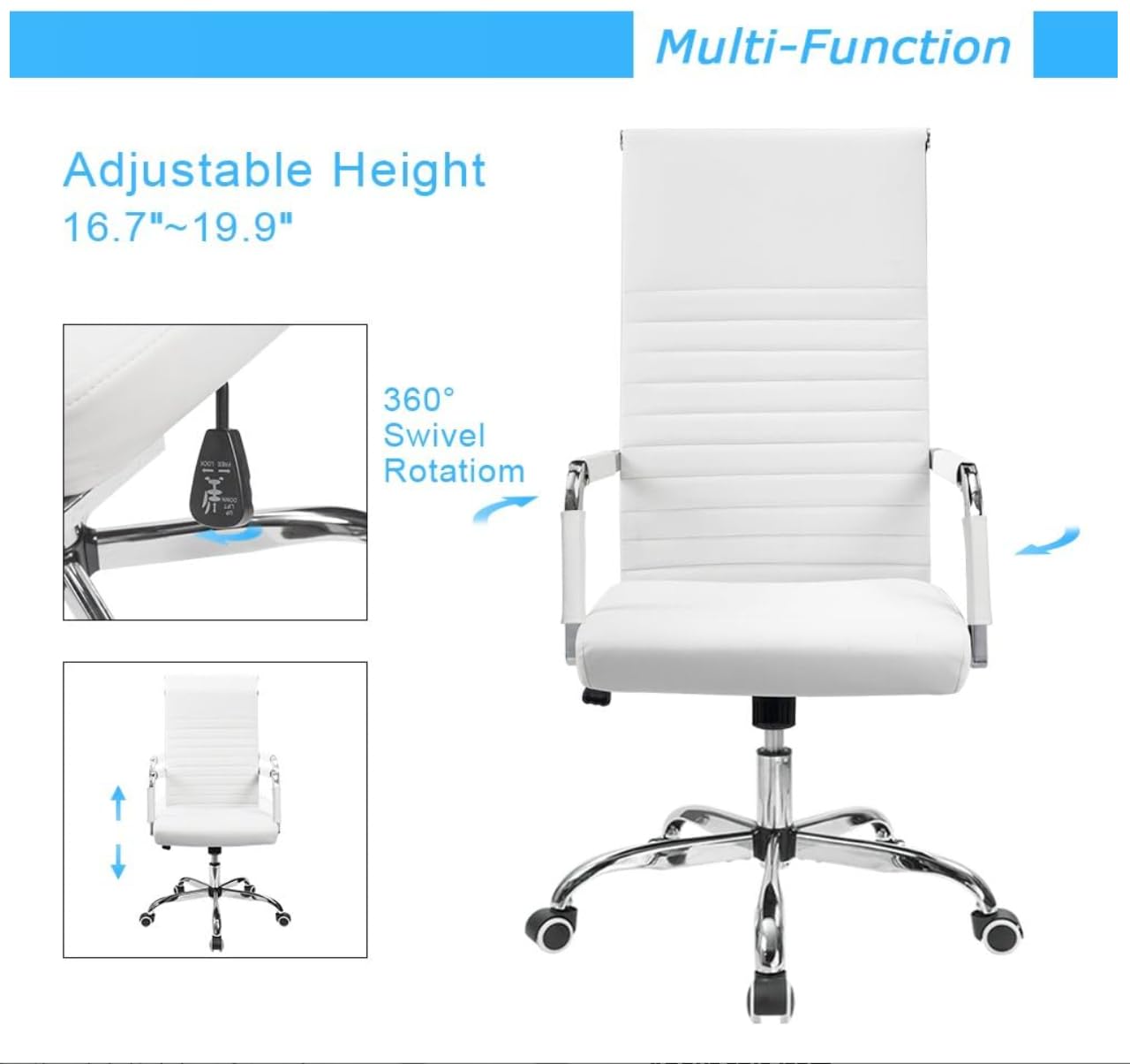 Premium High-Back Leather Executive Office Chair - Ergonomic Swivel Desk Chair with Lumbar Support - Modern White PU Leather Manager's Chair for Home Office, Conference Room & Workspace