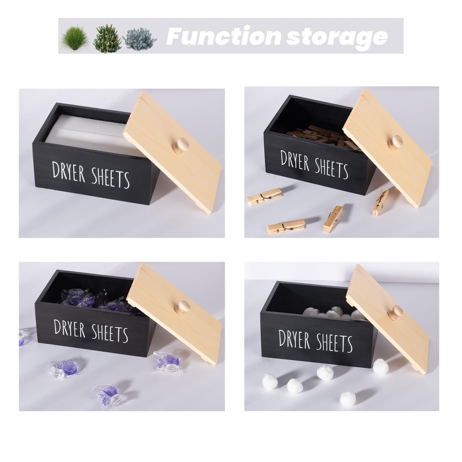 Zoocatia Wooden Laundry Room Organizer - Detergent Dispenser & Dryer Sheet Holder with Lid for Dryer Balls, Pods, and Supplies | Black Storage Box for Closet, Laundry Area, and Home Organization