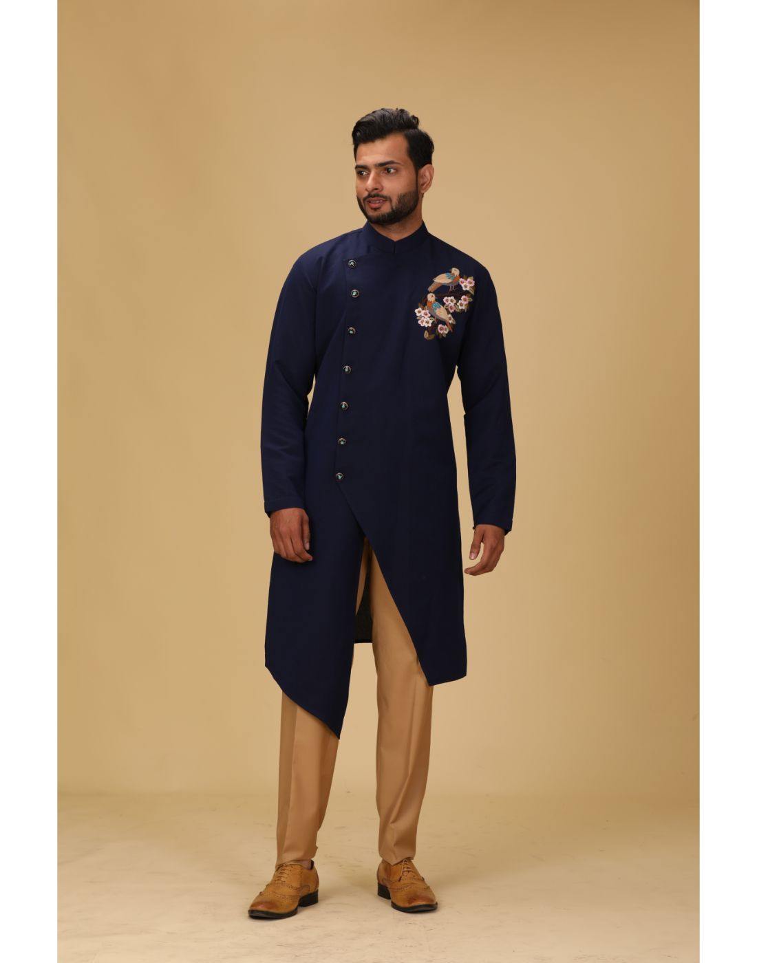 Stylish Navy Blue Thread Embroidery Asymmetrical Designer Sherwani Pant Set for Men - Perfect for Weddings, Festivals & Special Occasions