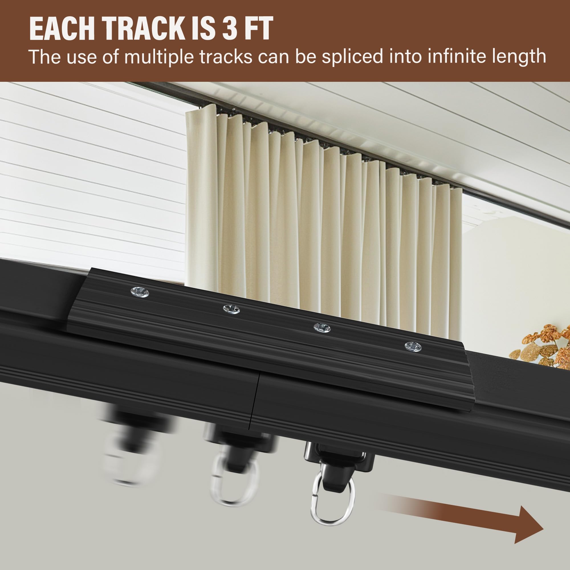 Heavy Duty Ceiling Mount Curtain Track - 3 to 15 Feet Adjustable Room Divider & Privacy Partition for RV, Shower, Outdoor Use - Black Rail with Clip Hook Set | Perfect for Home, Office, and Commercial Spaces
