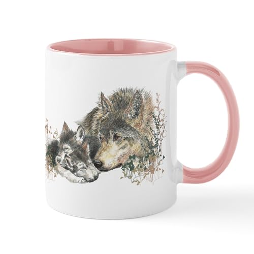 White/Pink Inside - Watercolor Wolf Parent Cubs Small Mugs