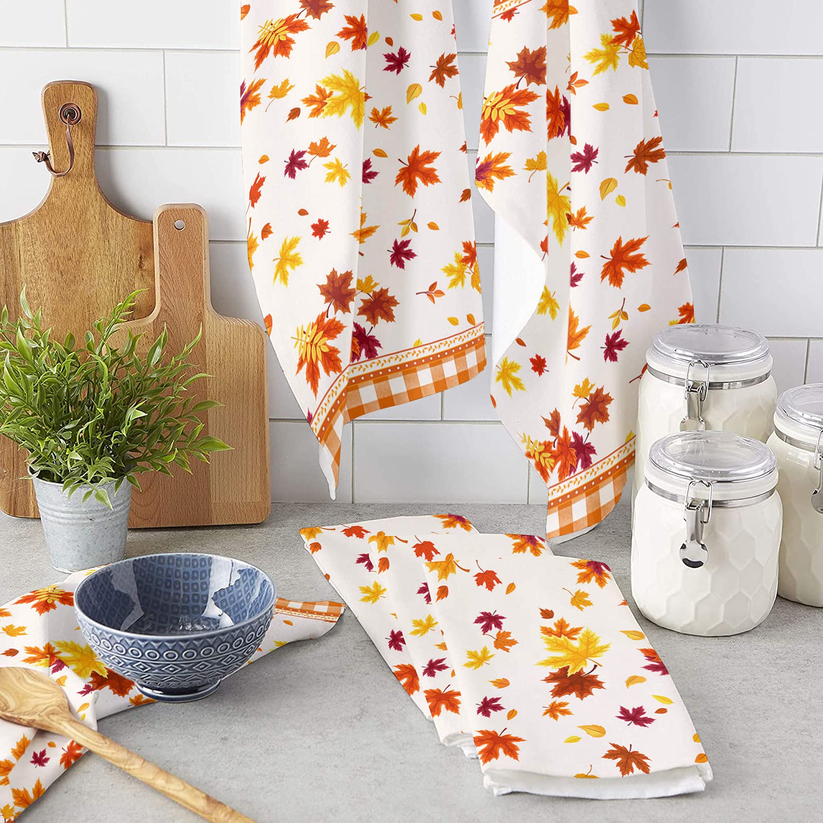 Premium Smile Sunflower Microfiber Kitchen Towels Set of 3 - Super Absorbent & Reusable Dish Towels, Tea Towels & Bar Towels (18x28 Inch) - Autumn Maple Leaves Orange Plaid Design for Cozy Home & Restaurant Use