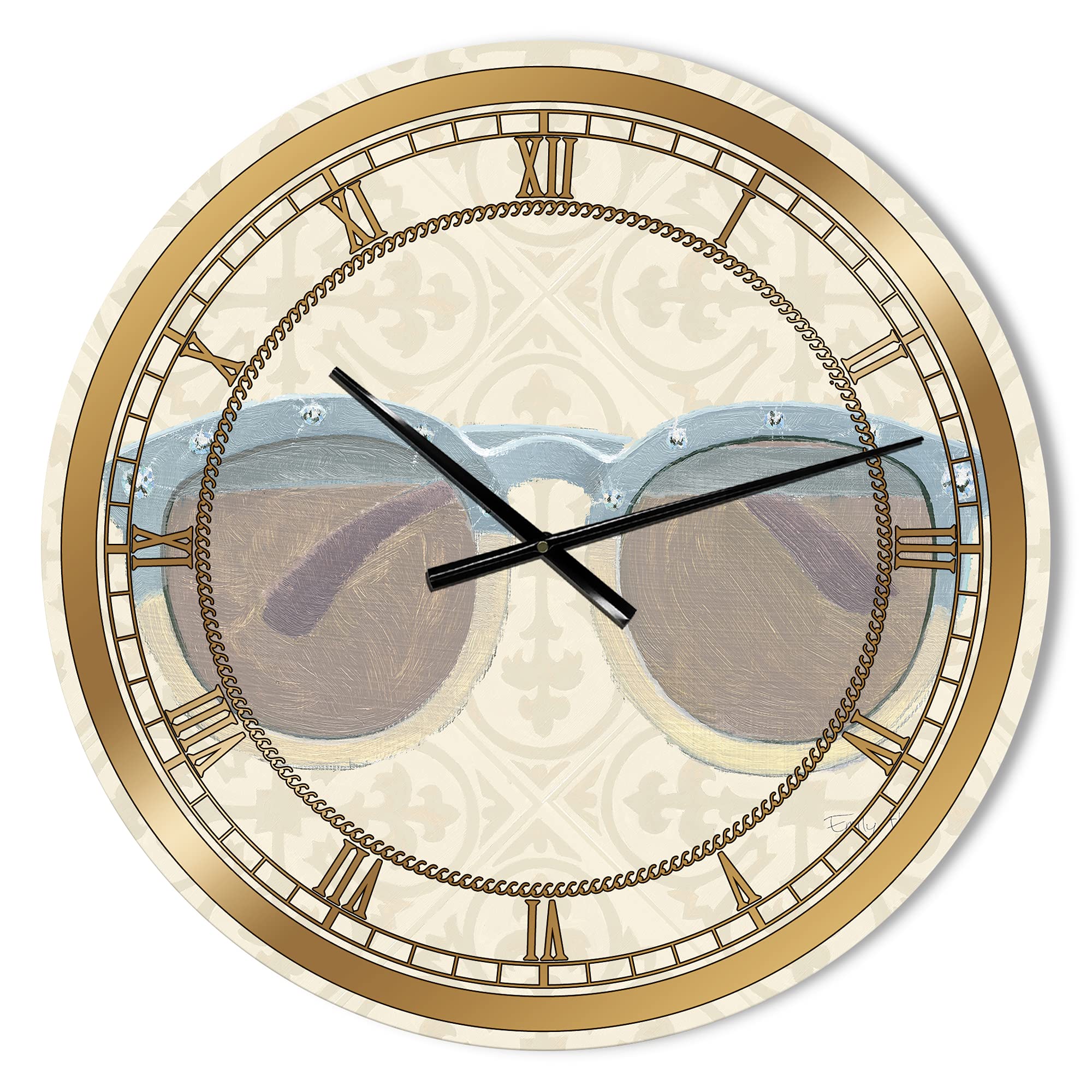 DesignQ Glam Wall Clock - Stylish 'Glam Cosmetics Blue Sunglasses' Large Decorative Clock for Living Room, Bedroom & Office - Perfect Home Decor Gift Idea