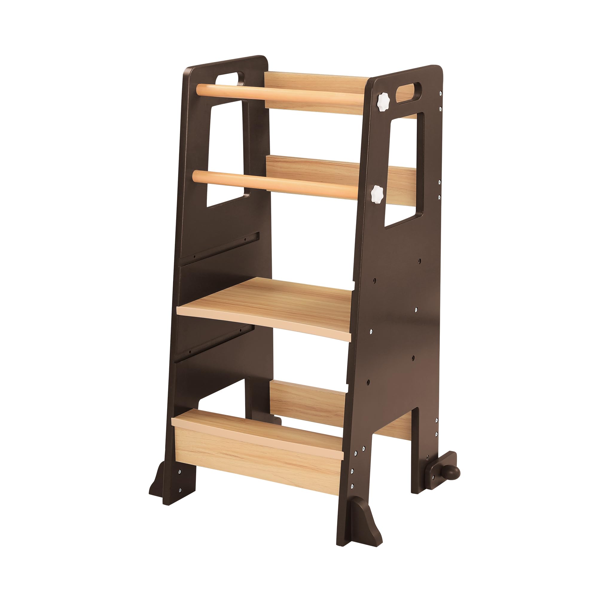 **Adjustable Toddler Step Stool with Safety Rails - Dark Natural Wood Kitchen Helper Tower for Kids - Perfect for Cooking, Bathroom Sink & Bedroom Climbing**