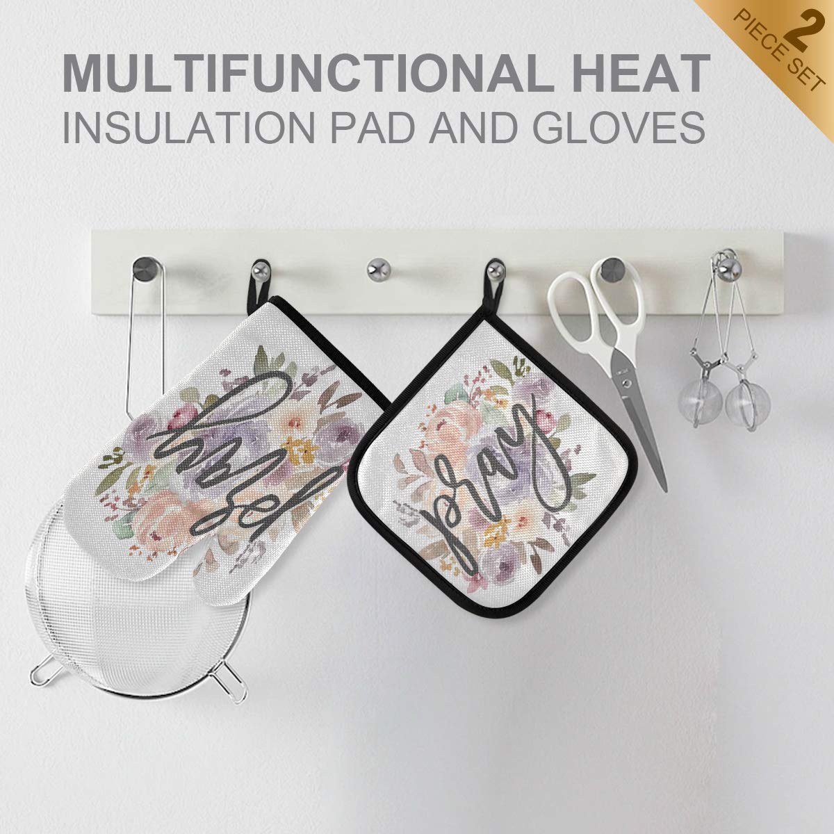 ALAZA Heat Resistant Christian Rose Flower Oven Mitts & Pot Holders Set - Religious Kitchen Gloves for Cooking, Baking, Grilling - Perfect for Church Events, Family Gatherings & Holiday Meals