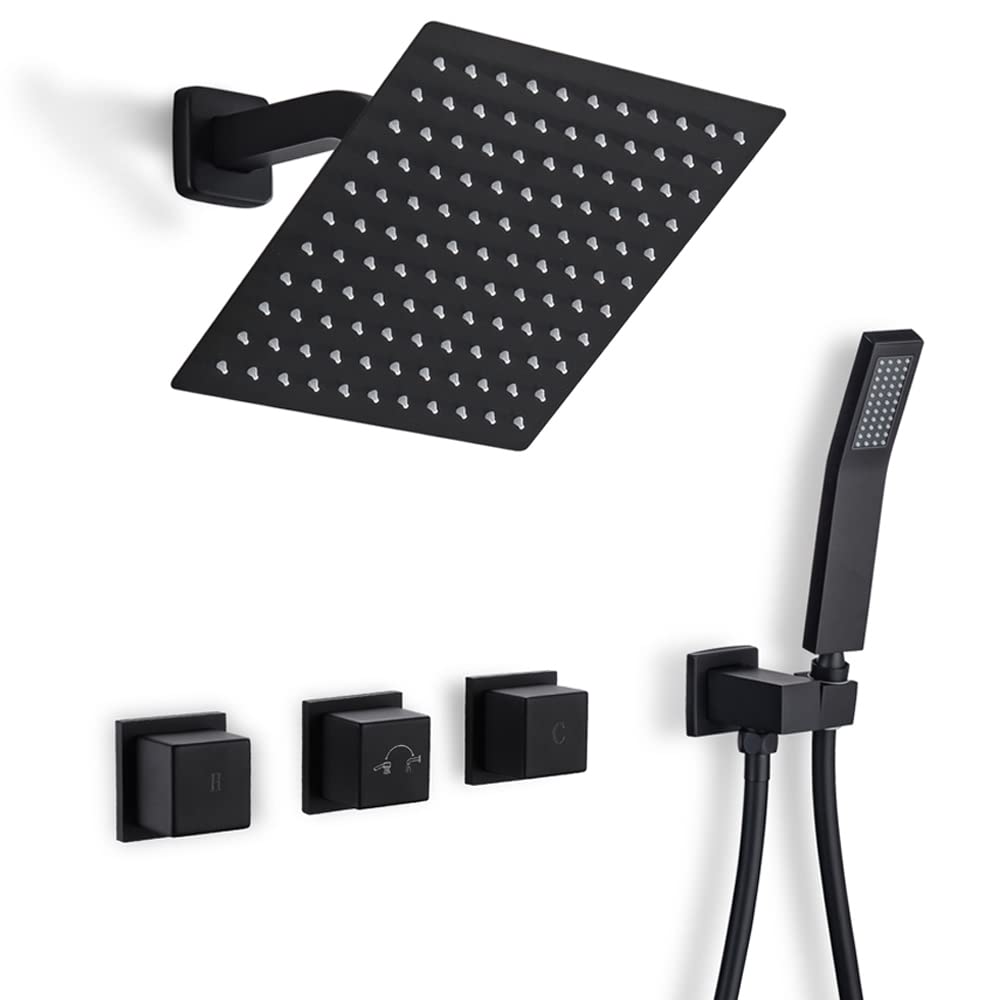 Matte Black 3-Handle Tub Shower Faucet System - High Flow Rain Shower Head & Handheld Spray Combo with Wall Mount Trim Kit & Valve | Perfect for Modern Bathroom Renovations & Spa-Like Shower Experience