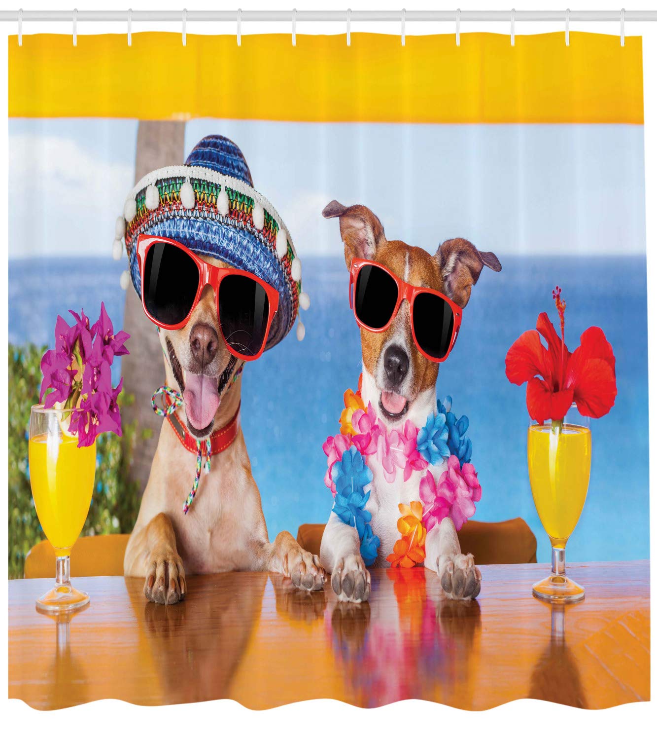 Ambesonne Funny Dog Friends at Bar Shower Curtain - Tropical Summer Beach Theme with Cocktails, Extra Wide 105 Inch Waterproof Fabric Bathroom Decor Set with Hooks - Perfect for Coastal, Vacation or Nautical Themed Bathrooms