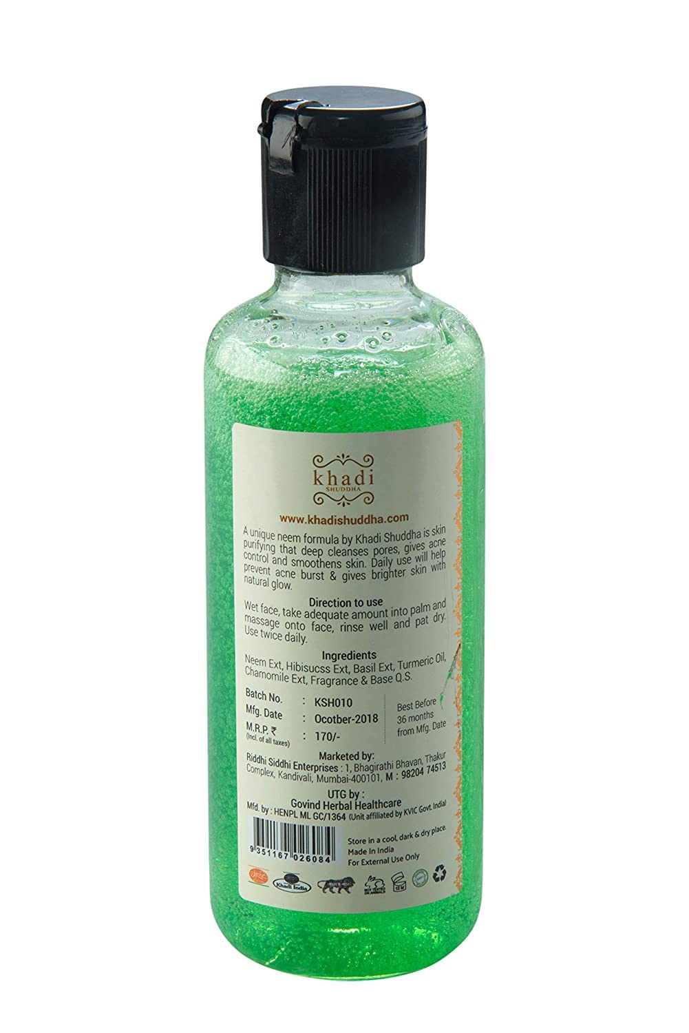 Khadi Shuddha Neem Purifying Face Wash 210ml - SLS, SLES & Paraben Free, Natural Green Formula for Clear Skin | Deep Cleansing & Acne Control for Daily Skincare Routine