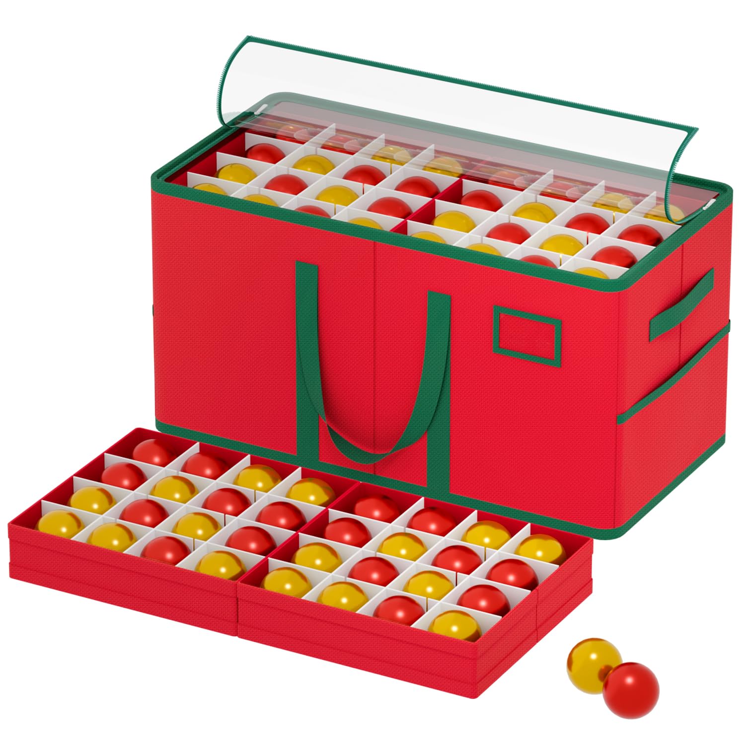 Christmas Ornament Storage Box with 8 Trays & Dividers - Holds Up to 128 Ornaments, Red Holiday Decor Organizer with Handles - Perfect for Xmas Decoration Storage & Seasonal Organization