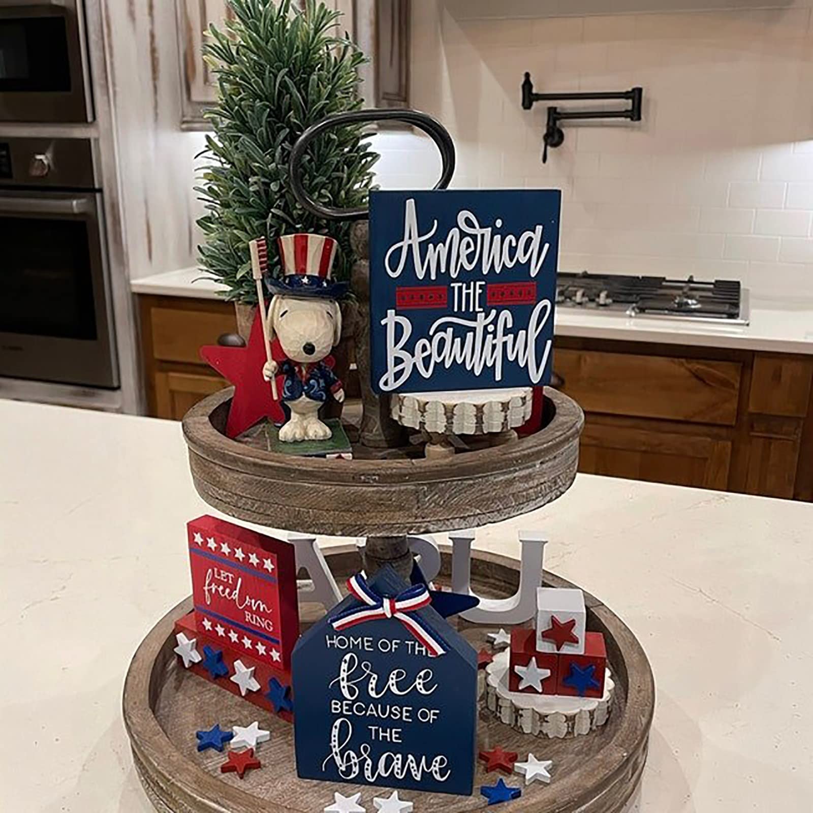 Patriotic Tiered Tray Decor - Rustic Wooden Farmhouse Decorations with Mini Signs for Easter, Honey Bee Festival, Spring Summer, Holidays, Veterans Day & Independence Day | Perfect for Home, Kitchen, Mantel & Seasonal Display