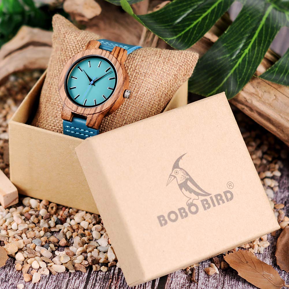 BOBO BIRD Bamboo Wooden Watch for Men & Women - Blue Cowhide Leather Strap Casual Wristwatch - Perfect Gift for Anniversary & Couples - Ideal for Everyday Wear, Office & Outdoor Activities