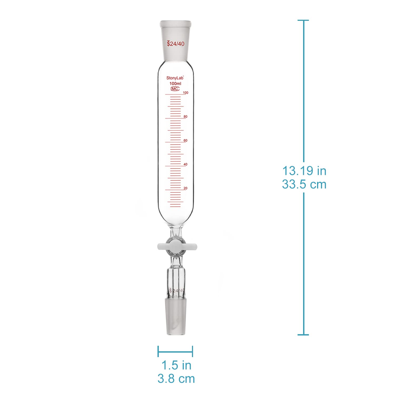 Stonylab 100ml Borosilicate Glass Pressure Equalizing Addition Funnel with PTFE Stopcock, 24/40 Joint Graduated Dropping Funnel for Chemistry Lab Experiments - Perfect for Precise Liquid Transfer in Distillation & Titration Processes