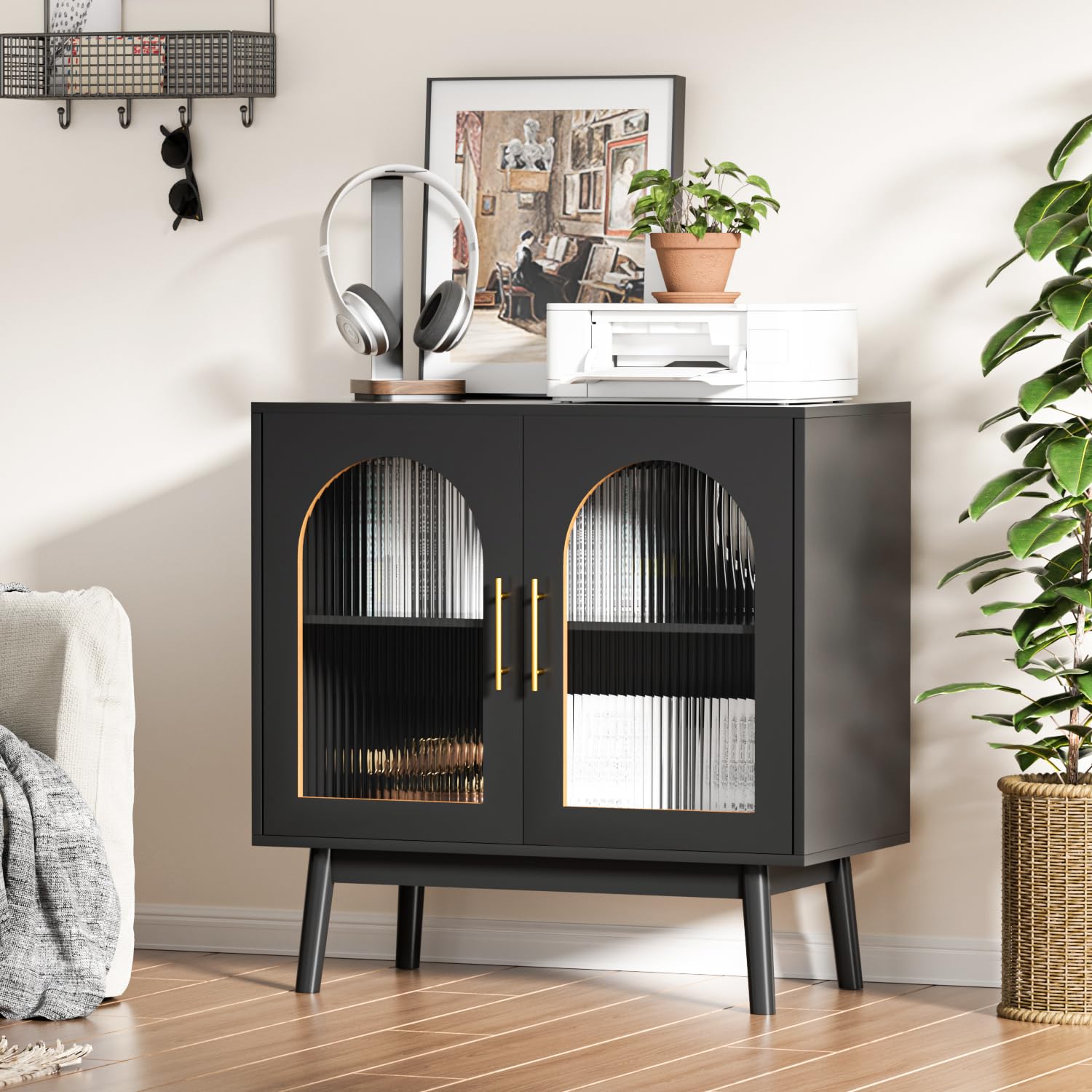 Modern Sideboard Buffet Cabinet with Glass Doors - Adjustable Shelves Kitchen Storage & TV Stand for Living Room, Dining Room - Black | Perfect for Home Decor, Entertaining & Organizing Dishes