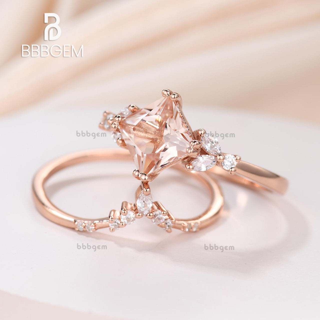 14K Rose Gold Princess Cut Peach Morganite Anniversary Ring Set - Elegant Gift for Her, Perfect for Weddings, Engagements & Special Occasions