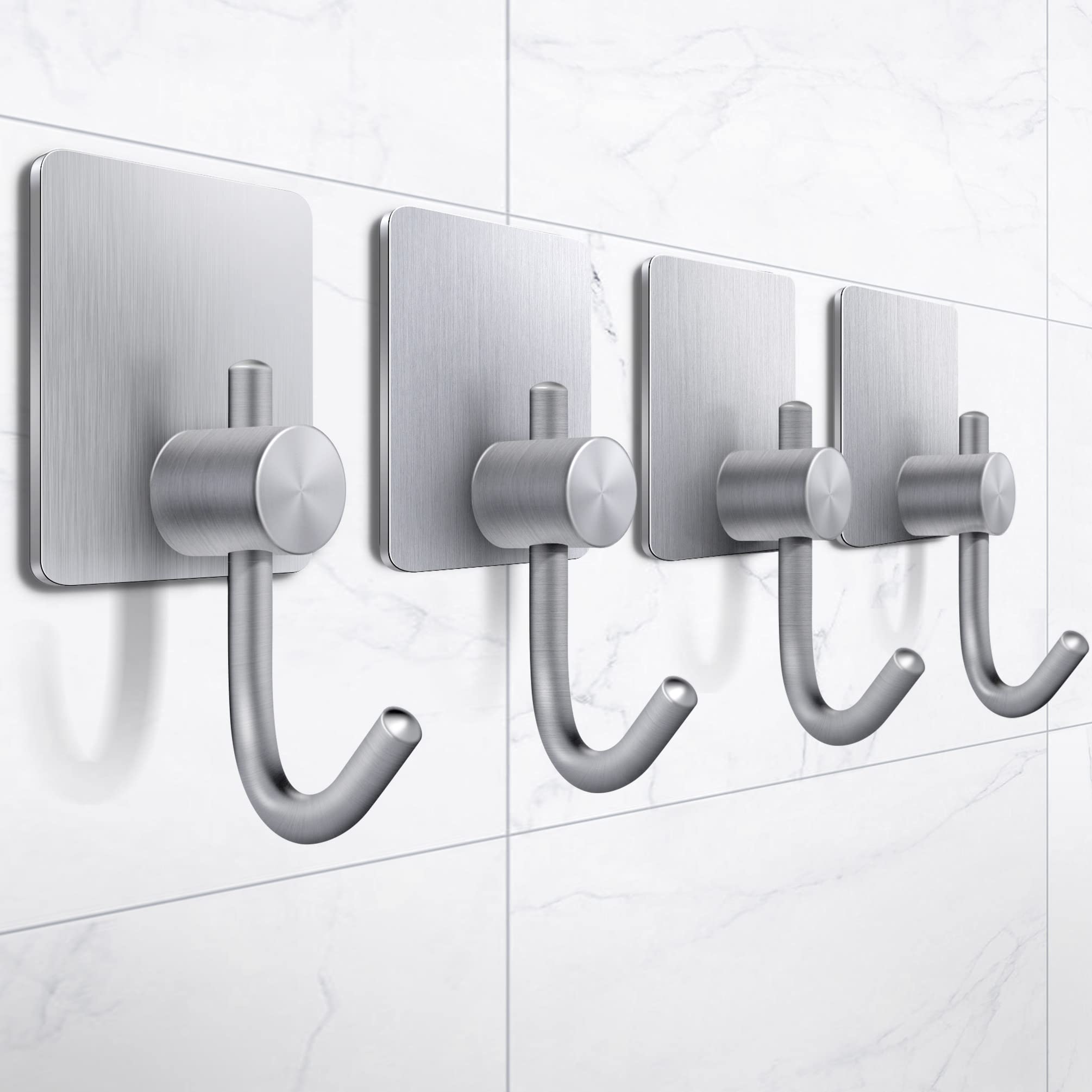 Heavy Duty Adhesive Towel Hooks - No Drill Wall Hooks for Bathroom, Kitchen & Bedroom - 4 Pack Silver Hanging Hooks for Robes, Towels & Clothes - Perfect for Small Spaces & Rentals