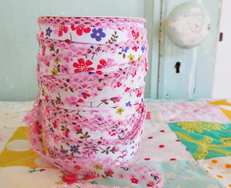 Pink & Purple Floral Double Fold Lace Bias Tape by the Yard - Perfect for Sewing, Quilting, and DIY Clothing Embellishments