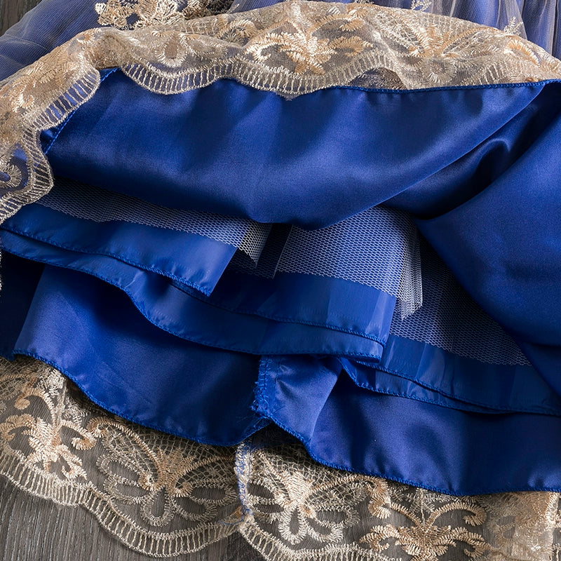 Royal Blue Satin Princess Boat Neck Tea-Length Flower Girl Dress for Weddings & Special Occasions