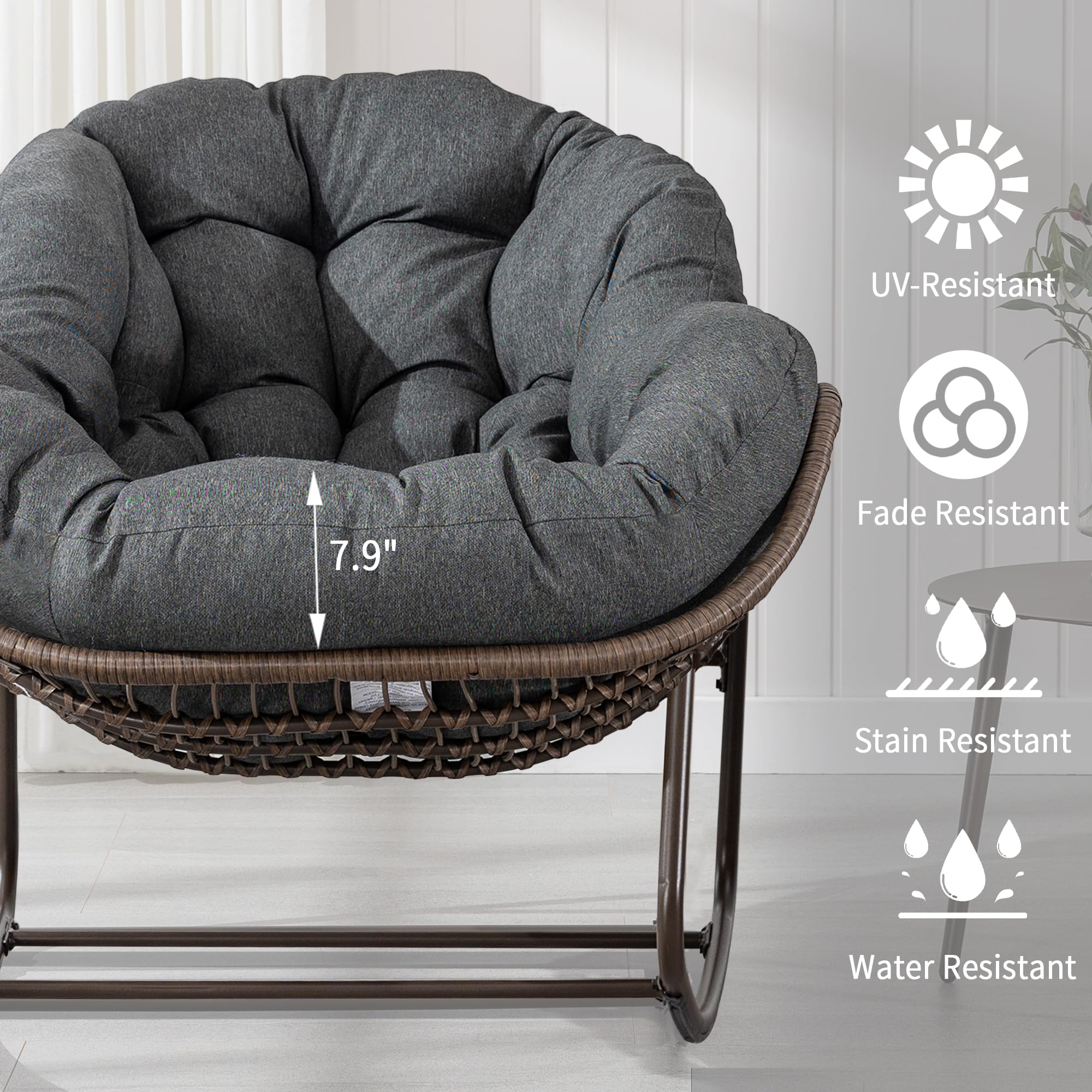 Outdoor Papasan Rocking Chair - Oversized Comfortable Patio Swing Chair with Cushion, Egg-Shaped Rattan Rocker for Porch, Lawn, Bedroom & Living Room - Perfect for Relaxing, Reading & Lounging (Grey)