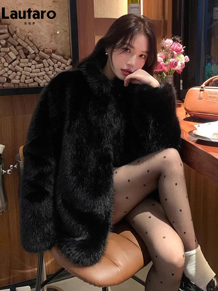2023 Women's Winter Faux Fox Fur Coat - Soft Thick Warm Shaggy Fluffy Jacket with Stand Collar & Long Sleeves | Perfect for Cold Weather, Outdoor Activities & Fashion Layering