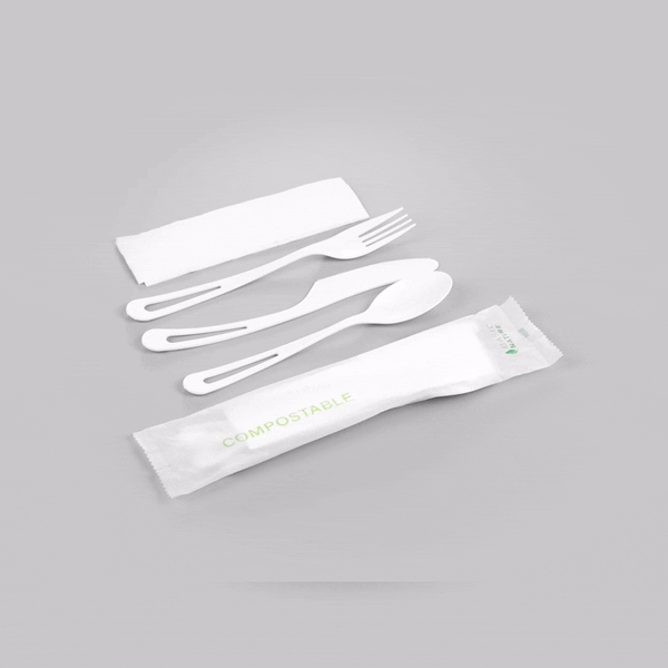 Eco-Friendly Compostable CPLA Plastic Cutlery Set - 100-Piece White Cutlery with Heat-Resistant Forks, Knives & Spoons | Includes Biodegradable Wrapper & Napkins | Perfect for Parties, Picnics & Catering Events