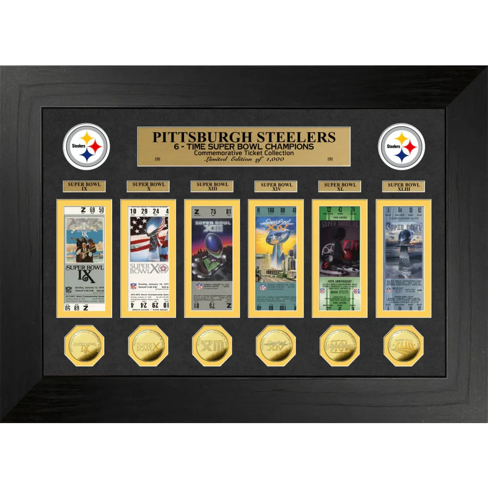 Pittsburgh Steelers Super Bowl Ticket & Game Coin Collection Framed Memorabilia Display - Perfect for Sports Fans, Man Cave Decor, and Steelers Collectors