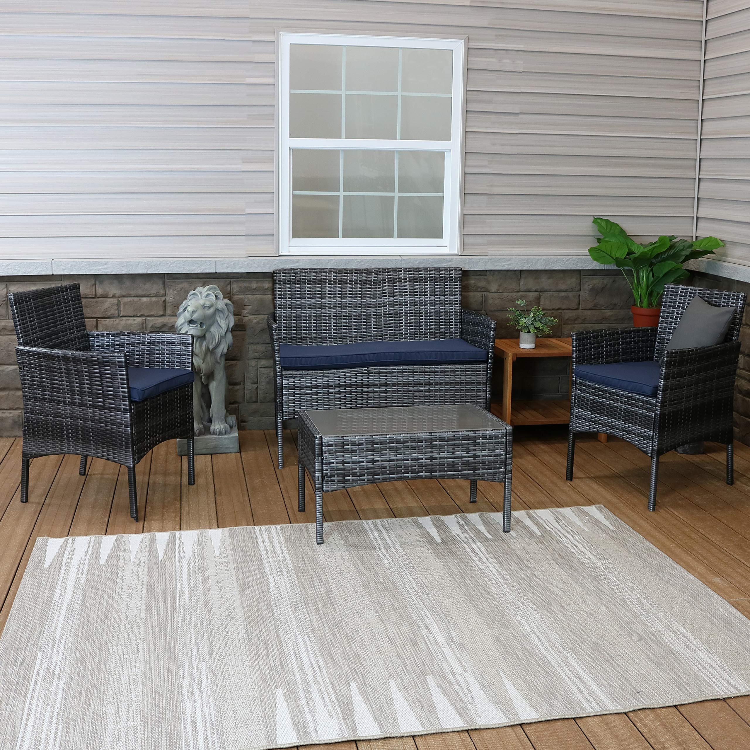 Outdoor Patio Furniture Set - 4-Piece Gray Wicker Conversation Set with 1 Loveseat, 2 Chairs & Coffee Table - Navy Blue Cushions - Perfect for Backyard, Garden, Poolside & Deck Relaxation