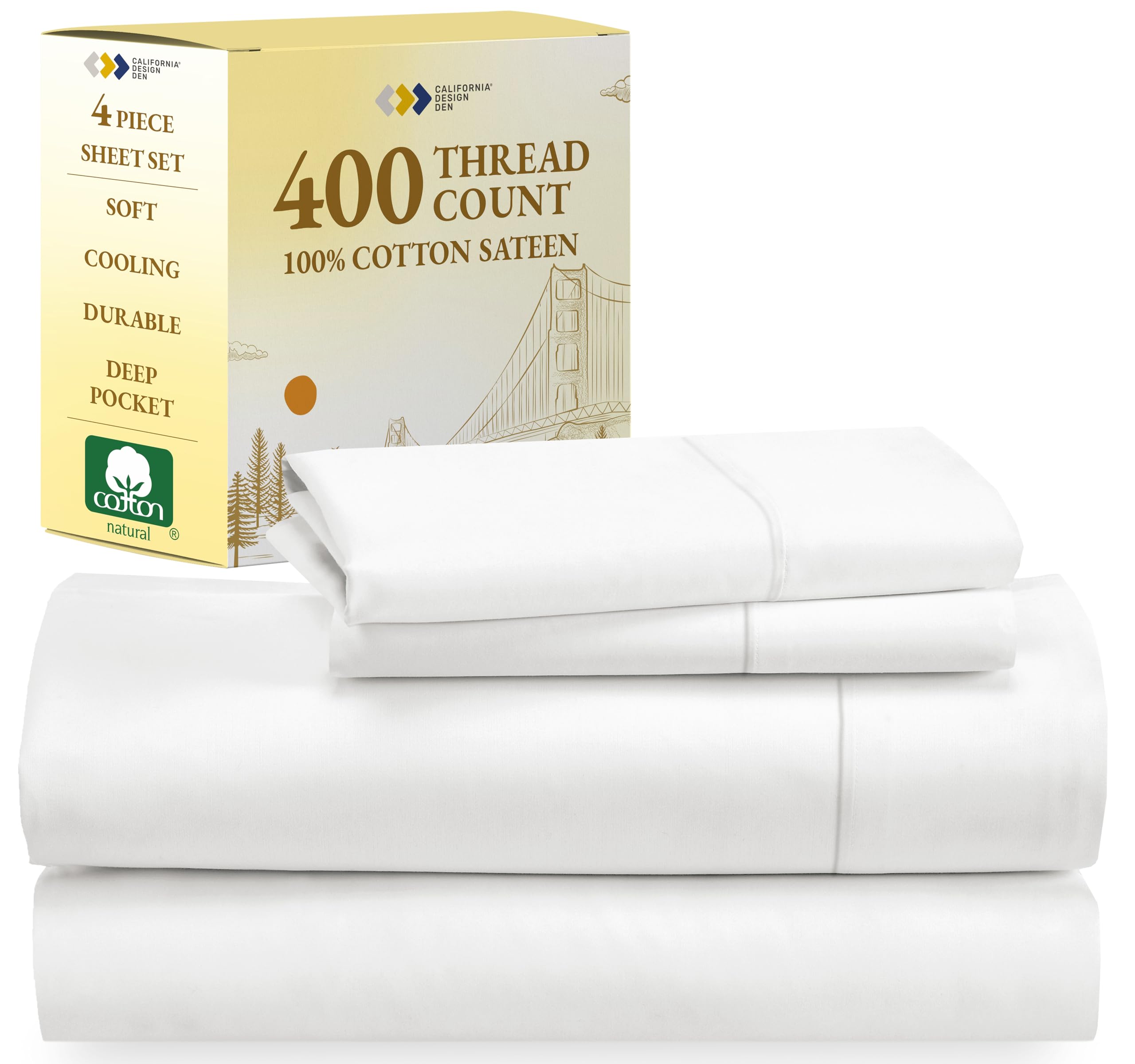 California Design Den 400 Thread Count 100% Cotton King Size Sheet Set - Luxury Sateen Bed Sheets & Pillowcases for King Bed, Breathable Deep Pocket Bedding in Antique White | Perfect for Hot Sleepers & Luxury Hotel-Style Bedrooms