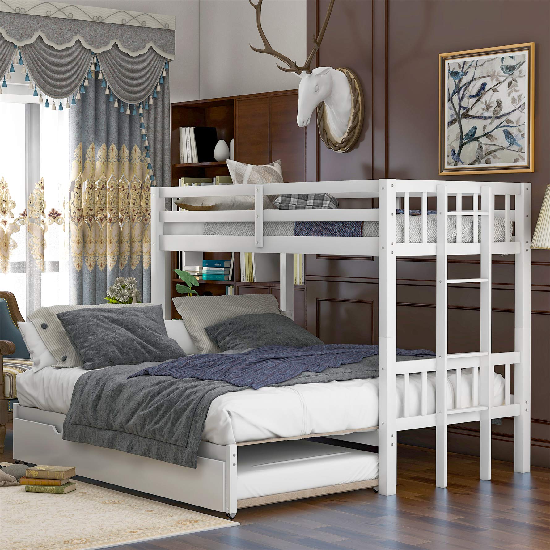 Twin Over Twin Bunk Bed with Trundle - Expandable Wooden Bunk Bed Frame for Kids with Ladder & Safety Rail - Convertible to Twin/Double Bed - Perfect for Small Bedrooms, Guest Rooms & Vacation Homes - White