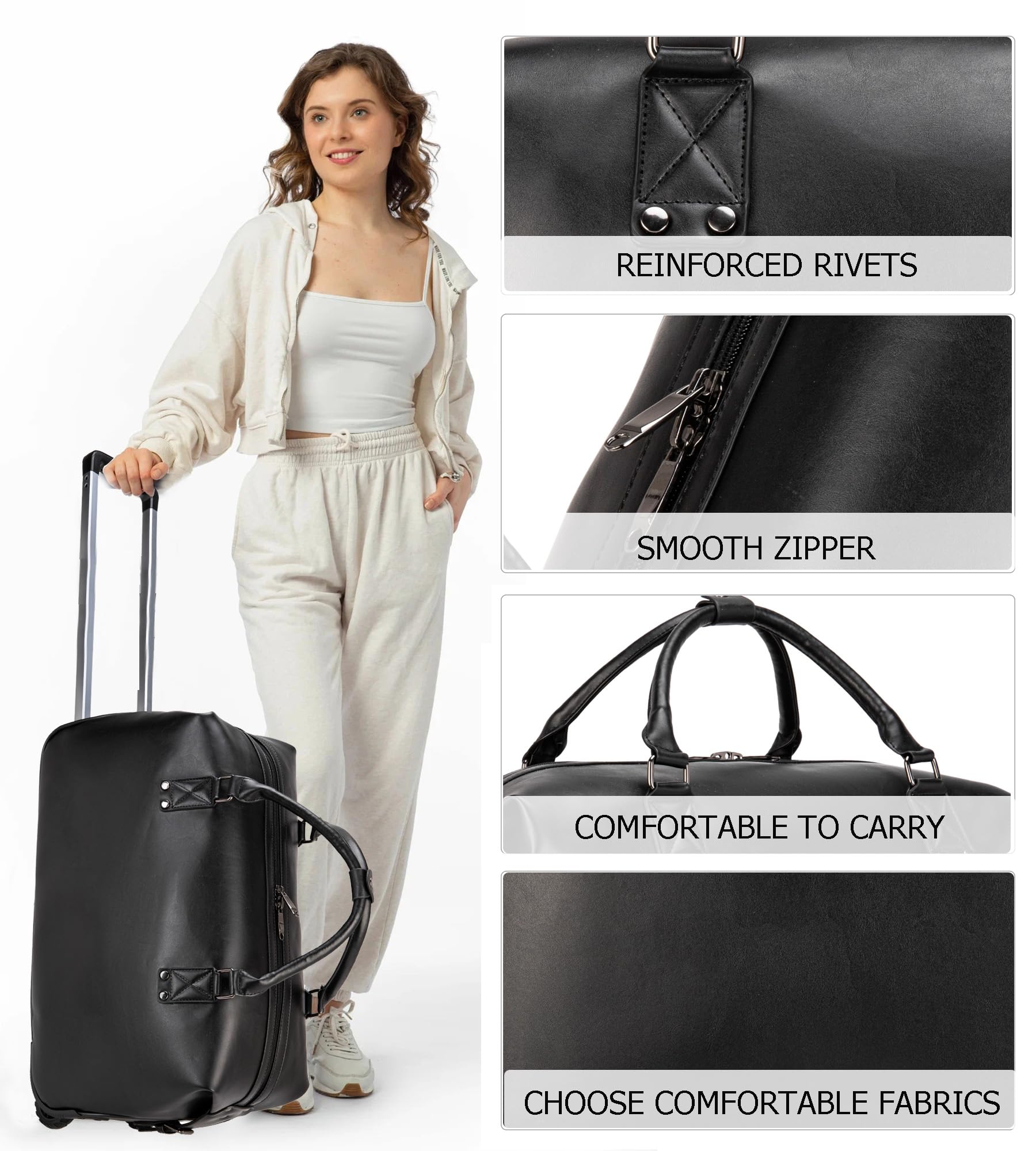 Feilario Leather Travel Duffel Bag with Wheels - Waterproof Unisex Weekender Carry-On Luggage for Overnight Trips & Business Travel | Durable Toiletry Organizer for Gym, Camping & Airplane Use (Black)