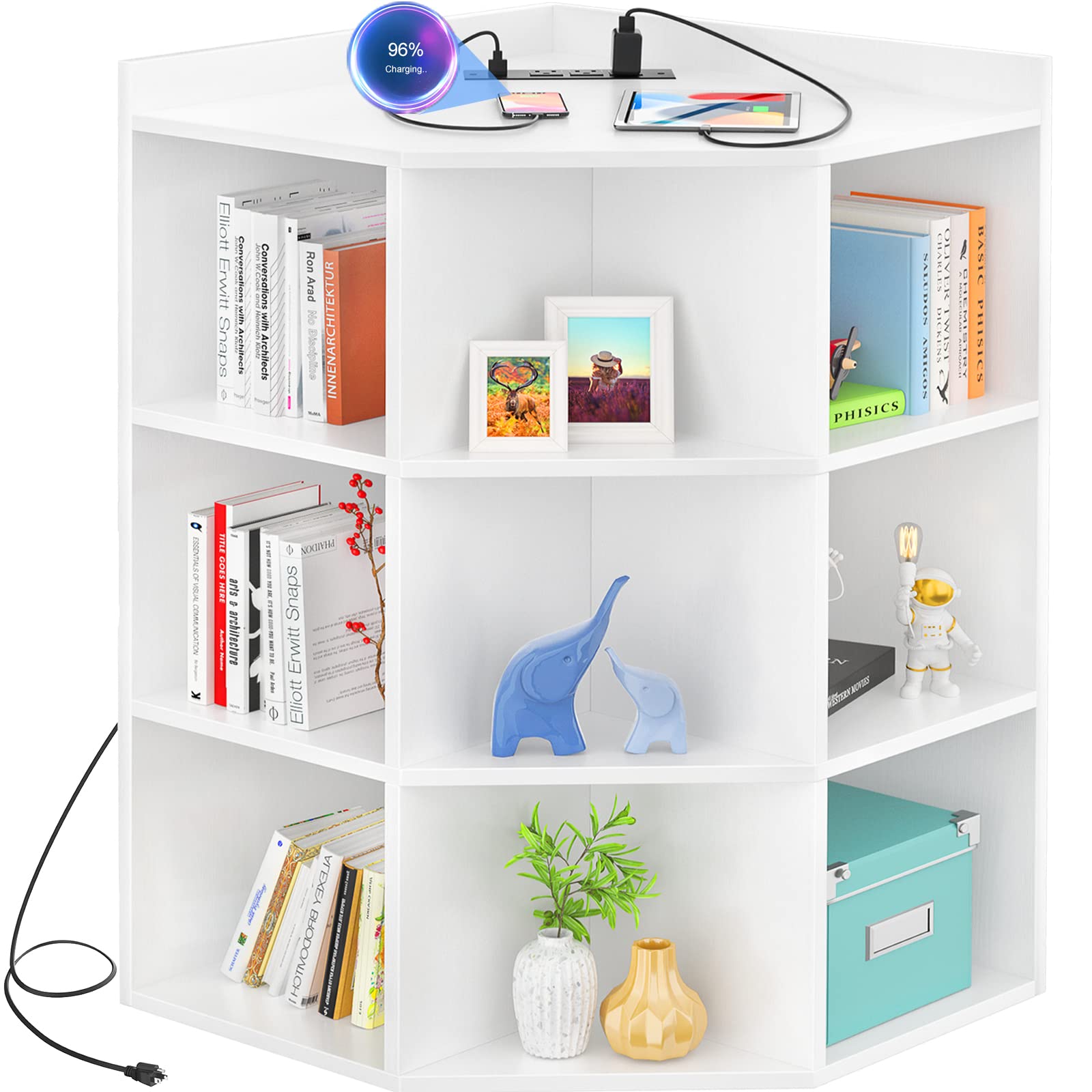 Aheaplus White Corner Cabinet with Power Outlet & LED Lights - 9-Cube Wooden Storage Bookshelf for Bedroom, Living Room, Office - Space-Saving Corner Organizer for Toys, Books & Home Decor - Perfect for Small Apartments & Cozy Spaces