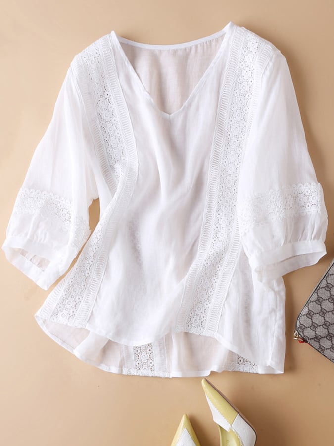Lovevop Women's Cotton V-Neck Pullover Lace Blouse - Elegant Casual Top for Work, Date Night & Spring Outfits
