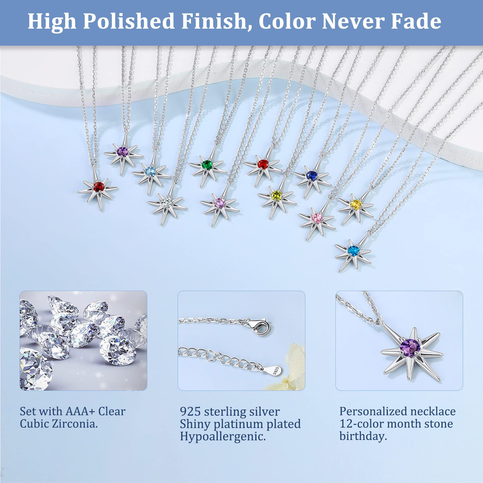 Suplight 925 Sterling Silver Dainty Birthstone North Star Starburst Stud Earrings & Necklace Set for Women | Zodiac Jewelry Gift for Birthday, Anniversary & Everyday Wear