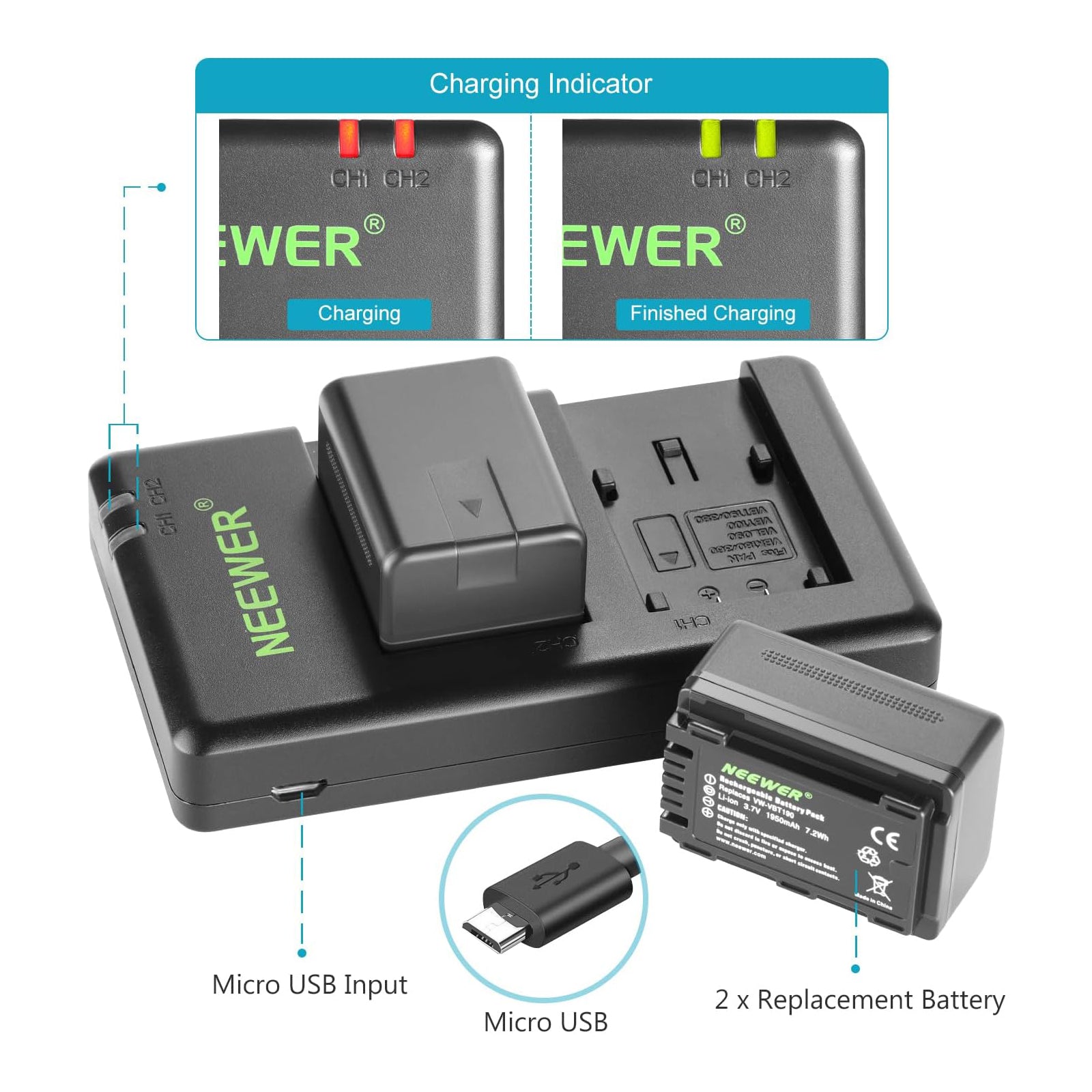 NEEWER 2 Pack Panasonic VW VBT190 Battery Charger Set with LCD Display - Fast Charging for Digital Cameras, Camcorders & Electronic Devices - Perfect for Travel, Photography & Professional Use