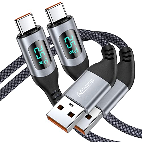 Fast Charging USB Type-C Cable with Smart Temperature Control & Power LED Display - 6FT Grey (2-Pack) for Samsung Galaxy, LG, Moto Z, Google, PS5 Controller - Safe Charging for Phones, Tablets & Gaming Devices at Home, Office or Travel