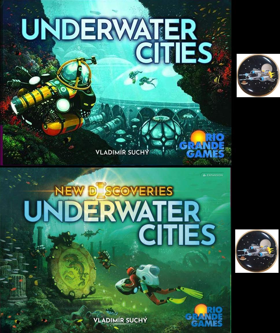 Underwater Cities Board Game Bundle: Base Game + New Discoveries Expansion + Two Starship Buttons | Perfect for Family Game Nights & Strategy Enthusiasts
